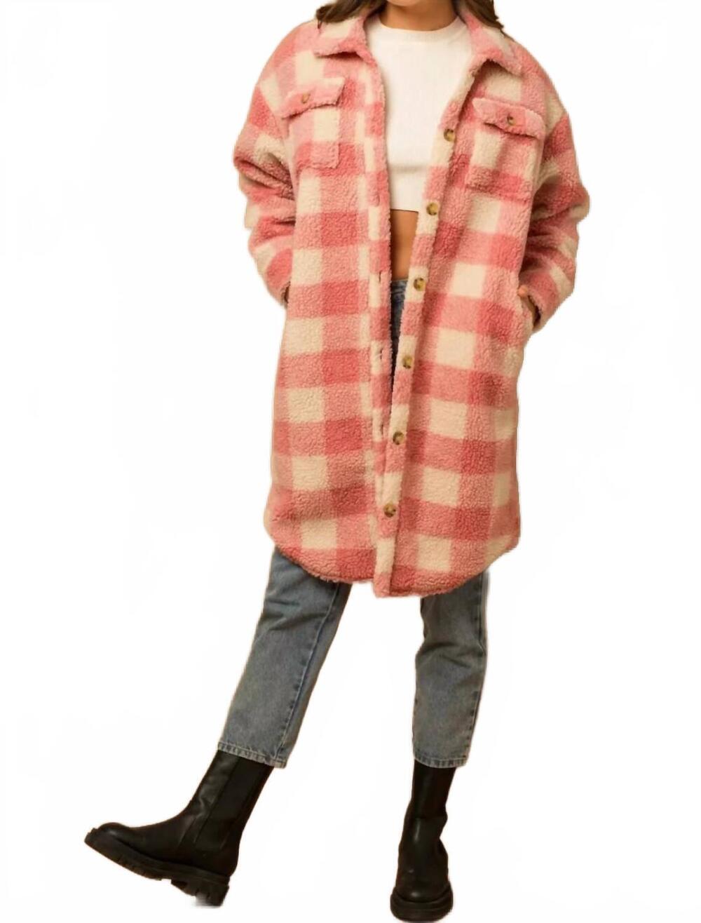 NEW GILLI buffalo plaid sherpa shacket in candy cream and pink
